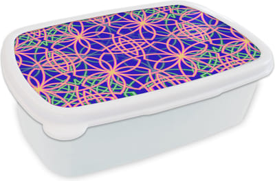 Broodtrommel Wit - Lunchbox - Brooddoos - Bloemen - Neon - Patroon - 18x12x6 cm - Volwassenen