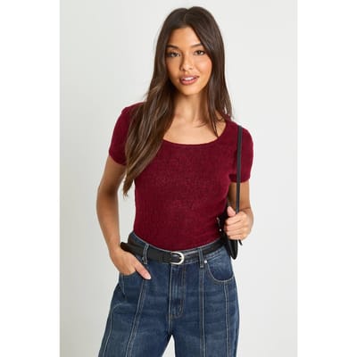 boohoo Dames Getextureerde gebreide crew neck top | Burgundy | Maat: Small