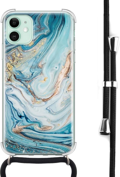 Hoesje met koord geschikt voor iPhone 11 - Marmer blauw goud - Inclusief zwart koord - Crossbody beschermhoes - Transparant, Blauw, Goud - Mooie Telefoonhoesjes