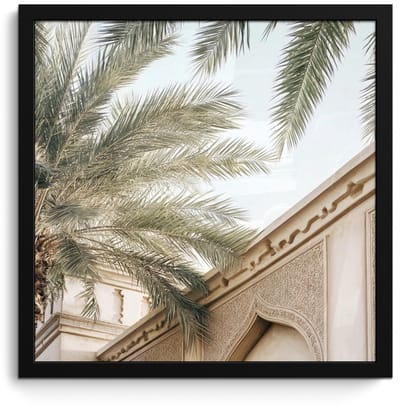 Poster in lijst - Fotolijst 40x40 cm - Posters - Gebouw - Palmbomen - Beige - Zon - Posterlijst zwart - Decoratie - Wanddecoratie woonkamer - Muurdecoratie slaapkamer