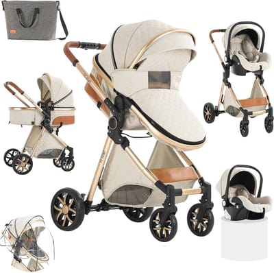 3-in-1 Kinderwagen met Omkeerbare Duwstang - Opvouwbare Combi Kinderwagen voor Baby's en Peuters