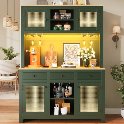 Pugsdrly LED-hoge kast met verlichtingssysteem, PE-rotan kast met kantelbeveiliging, grote staande kast met verstelbare planken & lades, vintage opbergkast voor keuken, woonkamer, eetkamer