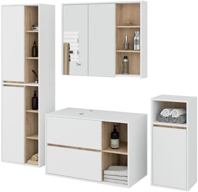Badkamermeubelset VAMI 4-delige met twee Gaten voor Opzetwastafel / hangende Badkamerkasten / 21 Planken en 2 Lades / Wit – Sonoma Eik / AKORD Furniture Factory