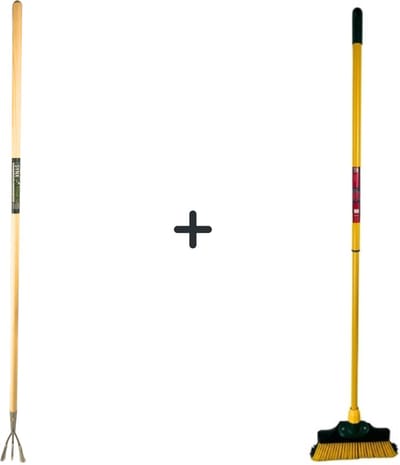 Synx Tools Tuinkrabber 3 Tanden Met Steel 150cm & Synx Tools Klauwbezem 28cm - bezem buiten - straatbezem - krallenbezem - Telescopische steel 70 - 140cm - 28cm -Cultivator - Verzinkt - Hark - Harken
