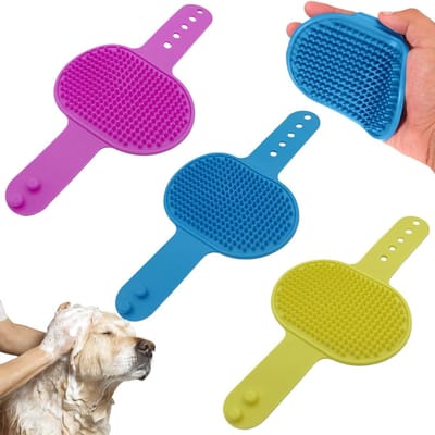 Famanu – Honden- en kattenhaarborstel van siliconen en rubber, verwijdert overtollig en dode dierenharen, 3 stuks in blauw, geel en rood