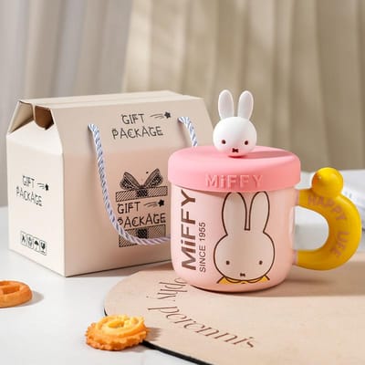 Tasse en Céramique Miffy Cartoon de Haute Valeur avec Couvercle pour la Maison Tasse à Eau Mignonne pour Couple Boîte Cadeau Mug Souvenir Créatif 400ml