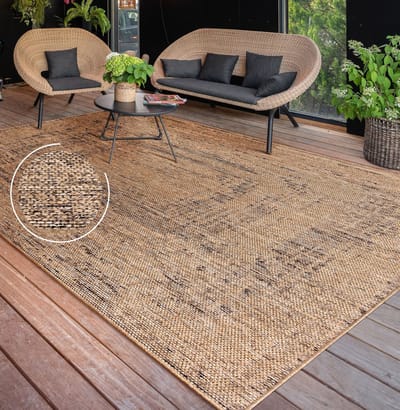 Flycarpets Aamber Jute Buitenkleed - Naturel / Zwart - Buitentapijt - Campingkleed - Vloerkleed buiten - Tuintapijt - 80x150 cm