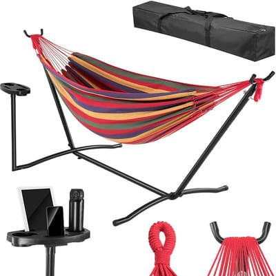 Tuin Hangmat - Braziliaanse Stijl - Buiten Ontspannen - Met Bevestigingsstandaard - 200 kg Draaglast - Gekleurde Strepen