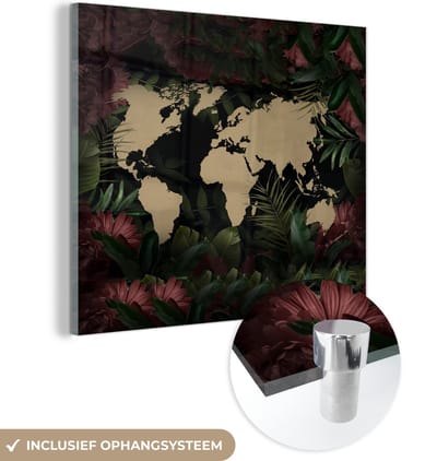 ® Glasschilderij 90x90 cm - Schilderij acrylglas - Wereldkaart - Bloemen - Roze - Foto op glas - Muurdecoratie woonkamer - Wanddecoratie slaapkamer - Schilderijen