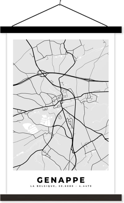 Posterhanger incl. Poster 40x60 cm - Schoolplaat - Stadskaart – Plattegrond – België – Zwart Wit – Genappe – Kaart - Textielposter - Zwarte latten - Stadskaart