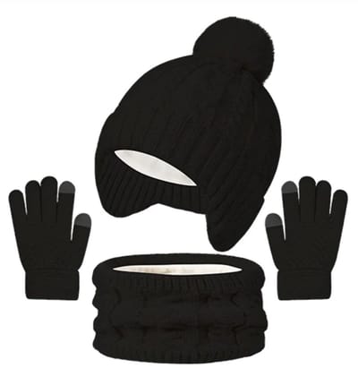 Sjtoer® - 3 Delig Winter Set - Zwart - Gevoerd - Kinder Winter Muts - Col - Handschoenen - Warme gebreide wintermuts - kinder winterset - Touchscreen handschoen - Sjaal - Winteraccessoires voor meisjes jongens - 3-8 jaar oud - skiën