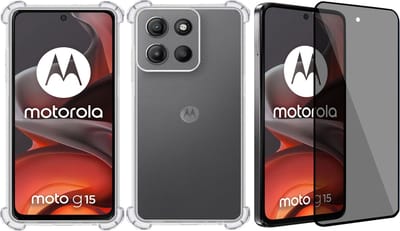 Hoesje + Privé Screenprotector geschikt voor Motorola Moto G15 / G05 / E15 – Privacy Tempered Glass - Case Transparant