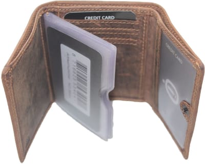 Oi Hunter bruine lederen creditcardhouder met ruimte voor contant geld / pasjesmapje 3-luik met plastic hoesjes en ritsje achterop / portemonneetje met plastic waaier voor veel pasjes / RFID veilig / bruin leer / 364H