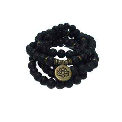 108 Kralen Lotus Mala Armband / Ketting zwart -  Vrouwen / Mannen - 8mm Lava Steen  - Boeddha - Yoga - Meditatie - Buddha - Gebedssnoer - Kralenketting - Rozenkrans - Vulkaansteen - Lavasteen - Natuurlijke edelsteen