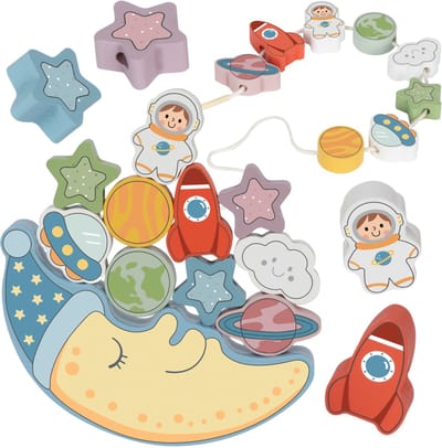 Tooky Toy Cosmic Sleeping Moon Balancerende houten puzzel Threading Montessori Space - UNI