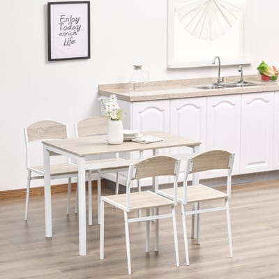 Eetkamerset - 5 Delig Met 1 Tafel En 4 Stoelen - Compact En Ruimtebesparend Voor Keuken Of Ontbijthoek - Hout En Metaal - Lichtgrijs Wit