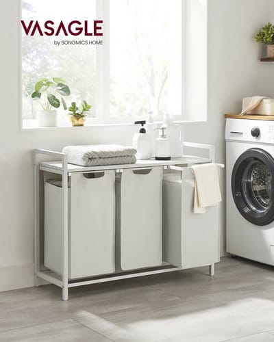 Wasmand - Wasmand 3 Vakken - Wasmanden Wit - Uitschuifbaar - 114 liter - Wasruimte - 92,5 × 33 × 72 cm (L × B × H)