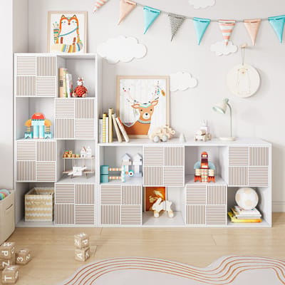 Modulaire Vakkenkast met Deuren – Opbergkast 8 Vakken – 125x30x60 cm – Staande Kast voor Woonkamer, Slaapkamer of Kinderkamer – Wit