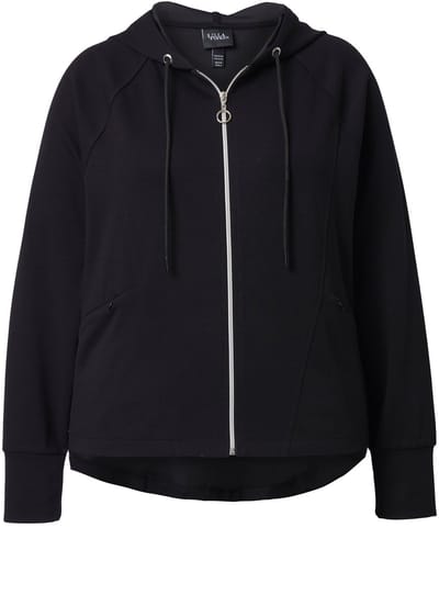 Ulla Popken - Dames - Sweatvest capuchon ritszakken lange raglanmouwen - Zwart - Maat 42+