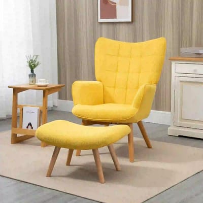 Sweiko Fauteuil - Hoge rug - Kruk - Corduroy - Houten poten - Geel
