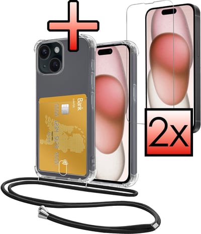 Hoes Geschikt voor Apple iPhone 15 Hoesje Pasjeshouder Cover Met Koord Shock Proof Case Siliconen Hoes Met Telefoonkoord en Kaarthouder Met 2x Screenprotector - Transparant