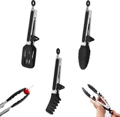 Vleestang - Set Van 3 - Keukentang - Spaghettitang - Pastatang - Serveertang - Kooktang - Met Steunpootjes En Ophanggaten - Salade Tang - Aspergetang - Bbq Tang - Bbq Accesoires - Rvs En Siliconen - Keukengerei - Voor In De Keuken - Zwart