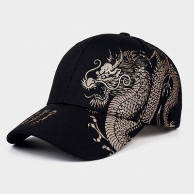 Zwart dragon print baseball pet heren – cap met draak patroon en gebogen klep – verstelbare casual baseball pet met Aziatisch geïnspireerd design – zwarte heren pet voor outdoor en dagelijks gebruik