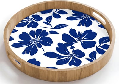 Dienblad rond 40x40 cm - Schootdienblad hout - Floraal - Modern - Blauw - Borrelplank rechthoek - Plateau houten dienbladen