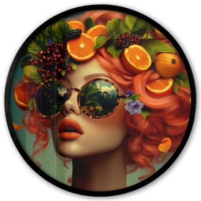 Poster in lijst Rond - Fotolijst 40x40 cm - Posters - Vrouw - Sinaasappel - Bessen - Oranje - Ronde posterlijst zwart - Decoratie - Wanddecoratie woonkamer - Muurdecoratie slaapkamer