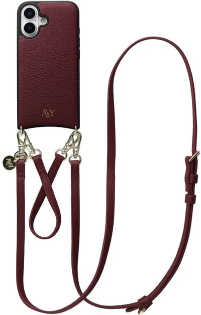 AVY Leren Hoesje geschikt voor Apple iPhone 17 | Compatibel met MagSafe | Leather Back Cover met Telefoonkoord Set | Polsband & Crossbody | Burgundy | Leather Set