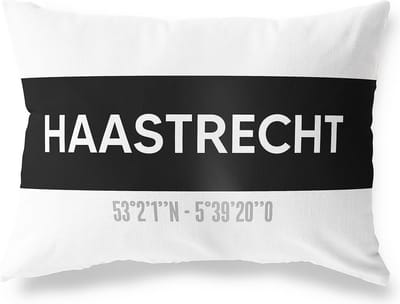 Tuinkussen HAASTRECHT - ZUID-HOLLAND met coördinaten - Buitenkussen - Bootkussen - Weerbestendig - Jouw Plaats - Studio216 - Modern - Zwart-Wit - 50x30cm
