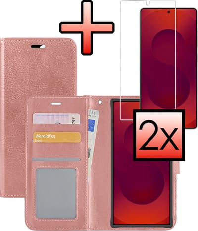 Hoesje - Met 2x Screenprotector - Geschikt voor Samsung Galaxy S25 Ultra - Luxe Pasjeshouder - Bookcase Portemonee - Flip Case - Kunstleer Book Case - Flipcase Hoes - Book Cover - Walletcase - Portemonneehoes - Rosé goud