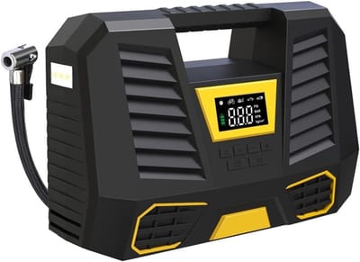 Draagbare luchtcompressor – 150PSI, 12V, LCD, LED, zwart/geel