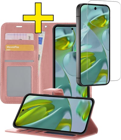Hoesje - Met Screenprotector - Geschikt voor Google Pixel 10 - Luxe Pasjeshouder - Bookcase Portemonee - Flip Case - Kunstleer Book Case - Flipcase - Book Cover - Walletcase - Portemonneehoes - Telefoonhoesjes - Rosé goud