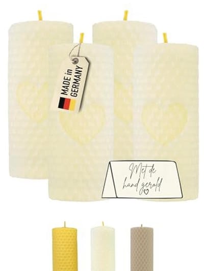 Adventskaarsen set van 4, 100% bijenwas, handgerold, wit met hart, stompkaarsen voor Kerstmis, lange brandduur