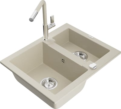 Mexen Carlos granieten gootsteen 1,5-komor met keukenmengkraan Flora, beige - 6518-69-670401-09