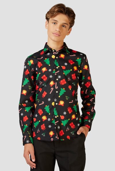 OppoSuits Christmas Icons Black - Tieners Kerst Overhemd - Kerst Shirt Met Kerstbomen - Zwart - Maat: 10 jaar