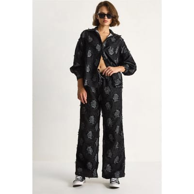 Geborduurd Overdimensionaal Shirt en Brede Pantalon Co-Ord Set