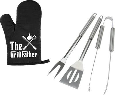 BBQ/barbecue gereedschap set 3-delig RVS - Met BBQ handschoen The Grillfather - Papa/ Vaderdag cadeau
