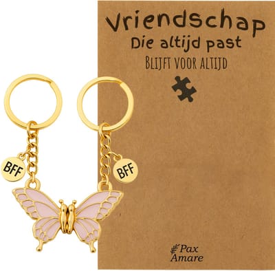 BFF Sleutelhanger voor 2 'Vriendschap die altijd past' - Magnetische Roze Vlinder - Sleutelhanger set op Cadeau Kaartje - Goudkleurig - Vriendschap Symbool - Pax Amare