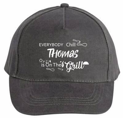 Mijncadeautje - 5 panel - BBQ Cap - Verstelbaar - Pet van 100% dik geborsteld katoen- unisex - opdruk wit - Everybody Chill - met voornaam - Chique Grijs