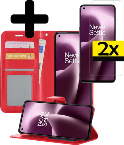 Hoesje - Met 2x Screenprotector - Geschikt voor OnePlus Nord 2T - Luxe Pasjeshouder - Bookcase Portemonee - Flip Case - Kunstleer Book Case - Flipcase Hoes - Book Cover - Walletcase - Portemonneehoes - Telefoonhoesjes - Rood