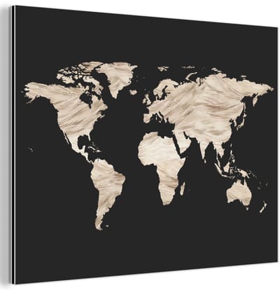 Aluminium schilderij 80x60 cm - Wanddecoratie metaal - Wereldkaart - Beige - Zwart - Metalen muurdecoratie woonkamer - Decoratie industrieel - Foto op dibond - Industriële accessoires slaapkamer