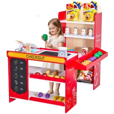VEVOR Kids Kruidenierswinkel Speelset, Houten Speelwinkel met Boodschappentas, Kindersupermarkt met Lopende Band, Scanner, Kassa, Fruit en Groenten, Cadeau voor Kinderen vanaf 3 Jaar