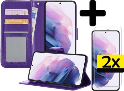 Hoesje - Met 2x Screenprotector - Geschikt voor Samsung Galaxy S21 - Luxe Pasjeshouder - Bookcase Portemonee - Flip Case - Kunstleer Book Case - Flipcase Hoes - Book Cover - Walletcase - Portemonneehoes - Telefoonhoesjes - Paars