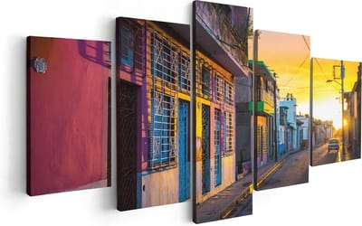Artaza Canvas Schilderij Vijfluik Cuba Kleurrijke Huisjes bij Zonsondergang - 100x50 - Foto Op Canvas - Canvas Print