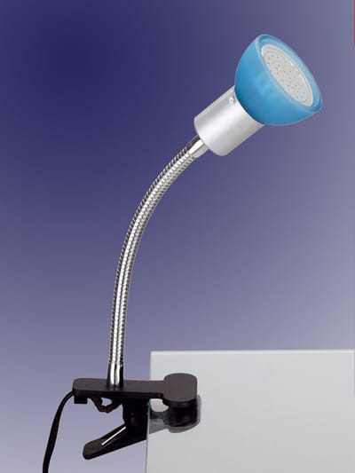 Trango LED Klemlamp 2989-010 *EASY* Tafellamp I Leeslamp I Clip Lamp met Blauw Glazen Lampenkap, Klemspot I Nachtlampje I Bureaulamp incl. 1x 5 Watt GU10 3000K warm witte LED lamp