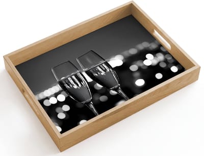 Dienblad hout 40x30 cm - Schootdienblad - Bubbels - Proosten - Champagneglazen - Stadslichten - Borrelplank rechthoek - Plateau dienbladen