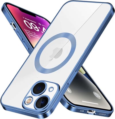Hoesje Geschikt voor iPhone 14 Magsafe hoes backcover – Lens beschermer – Transparant / Blauw