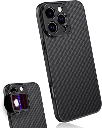 MOJOGEAR 17mm lens case voor iPhone 16 Pro - Hoesje voor 17mm Lenzen (Ulanzi, Sandmarc, Apexel) - Sterk & Lichtgewicht - Carbon - Zwart